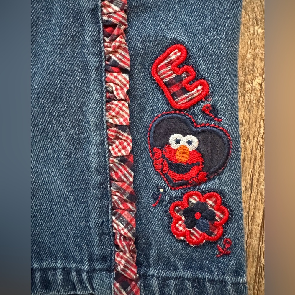 2002 Elmo Denim Pants with Red Plaid Trim and Embroidery - Picture 2 of 9
